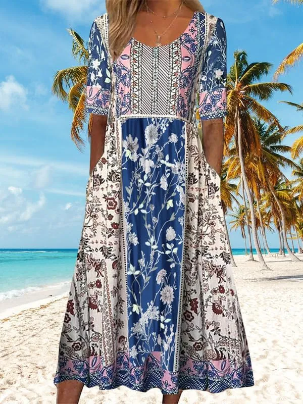 ZOCAVIA Women's Boho Floral Midi Dress Summer Casual Ethnic Style Short Sleeve Flowy Bohemian Retro Sundresses with Pockets
