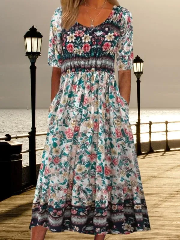ZOCAVIA Women's Boho Floral Midi Dress Summer Casual Ethnic Style Short Sleeve Flowy Bohemian Retro Sundresses with Pockets