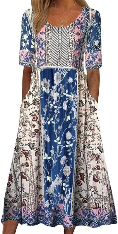 ZOCAVIA Women's Boho Floral Midi Dress Summer Casual Ethnic Style Short Sleeve Flowy Bohemian Retro Sundresses with Pockets