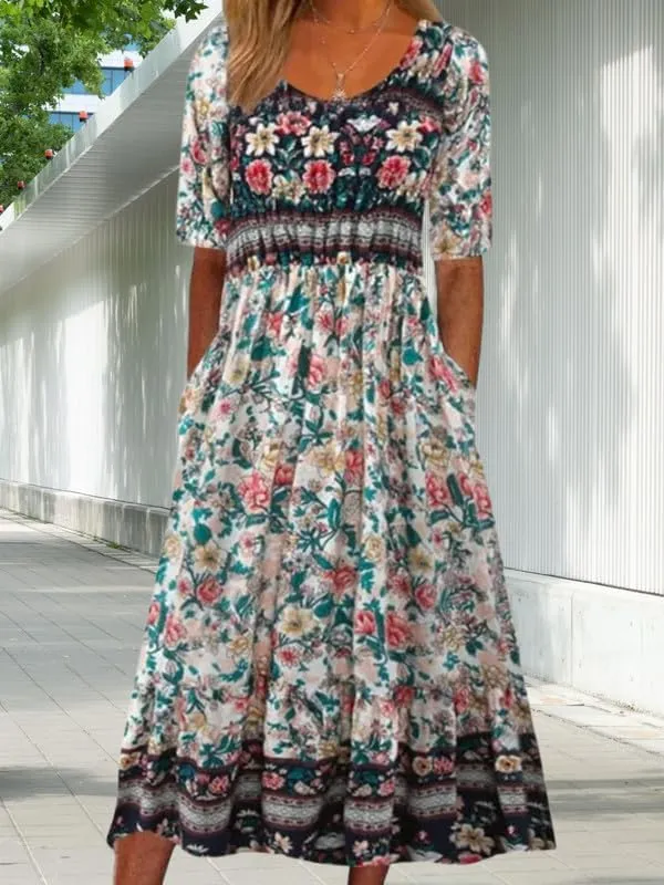 ZOCAVIA Women's Boho Floral Midi Dress Summer Casual Ethnic Style Short Sleeve Flowy Bohemian Retro Sundresses with Pockets