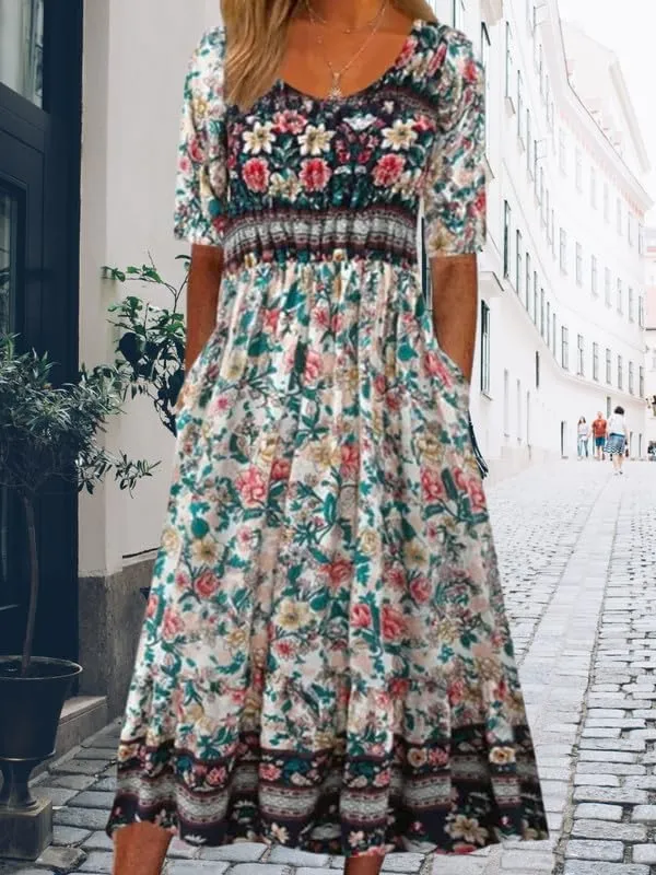 ZOCAVIA Women's Boho Floral Midi Dress Summer Casual Ethnic Style Short Sleeve Flowy Bohemian Retro Sundresses with Pockets
