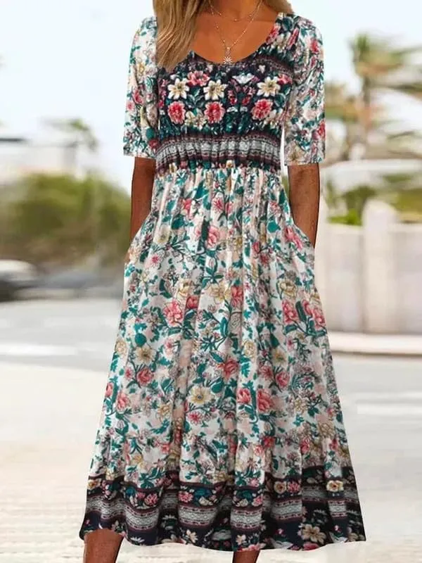 ZOCAVIA Women's Boho Floral Midi Dress Summer Casual Ethnic Style Short Sleeve Flowy Bohemian Retro Sundresses with Pockets