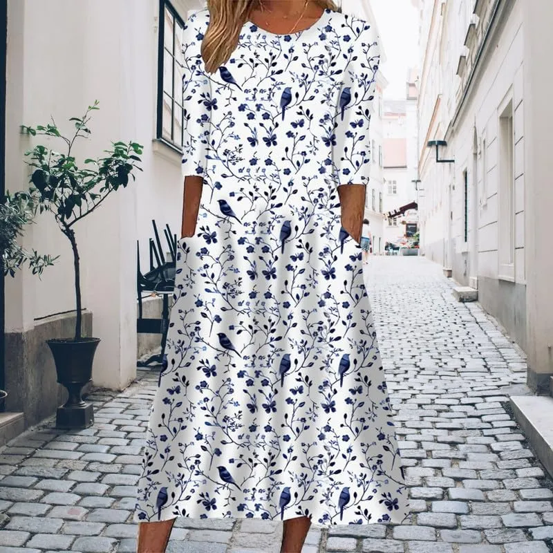 ZOCAVIA Women's Boho Floral Midi Dress Summer Casual Ethnic Style Short Sleeve Flowy Bohemian Retro Sundresses with Pockets
