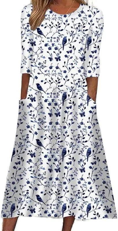 ZOCAVIA Women's Boho Floral Midi Dress Summer Casual Ethnic Style Short Sleeve Flowy Bohemian Retro Sundresses with Pockets