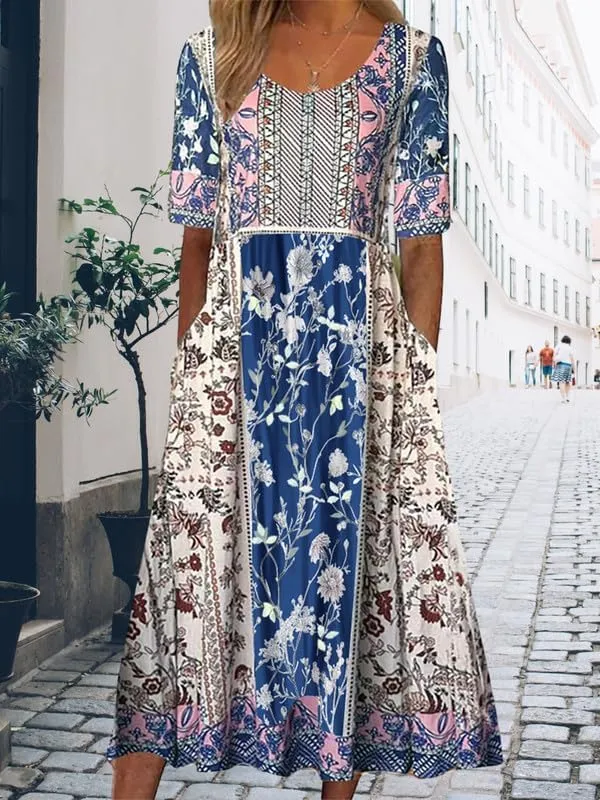 ZOCAVIA Women's Boho Floral Midi Dress Summer Casual Ethnic Style Short Sleeve Flowy Bohemian Retro Sundresses with Pockets