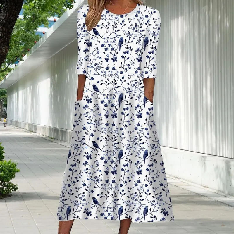 ZOCAVIA Women's Boho Floral Midi Dress Summer Casual Ethnic Style Short Sleeve Flowy Bohemian Retro Sundresses with Pockets