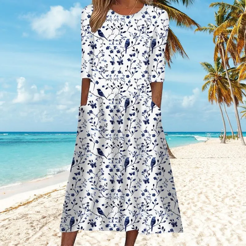 ZOCAVIA Women's Boho Floral Midi Dress Summer Casual Ethnic Style Short Sleeve Flowy Bohemian Retro Sundresses with Pockets