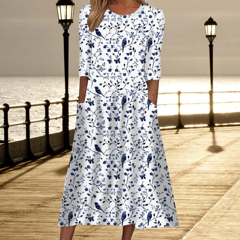 ZOCAVIA Women's Boho Floral Midi Dress Summer Casual Ethnic Style Short Sleeve Flowy Bohemian Retro Sundresses with Pockets