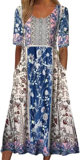 ZOCAVIA Women's Boho Floral Midi Dress Summer Casual Ethnic Style Short Sleeve Flowy Bohemian Retro Sundresses with Pockets