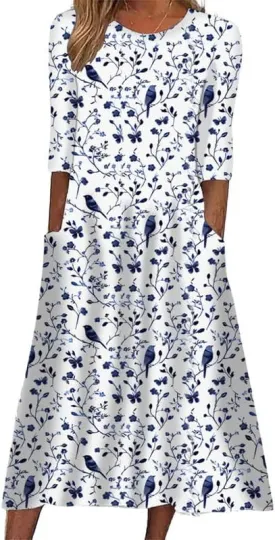 ZOCAVIA Women's Boho Floral Midi Dress Summer Casual Ethnic Style Short Sleeve Flowy Bohemian Retro Sundresses with Pockets