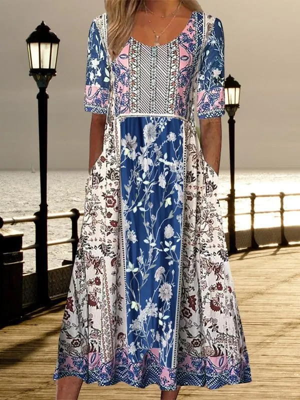 ZOCAVIA Women's Boho Floral Midi Dress Summer Casual Ethnic Style Short Sleeve Flowy Bohemian Retro Sundresses with Pockets